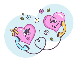 Valentine characters talking. Valentines love. Romantic message to each other. Flirting couple. Present woman concept. Hand drawn outline design in Retro style. Groovy hearts in cartoon style. Vector