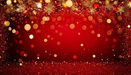 red and gold christmas backdrop with baubles and glitter as border frame, copy space background frame 