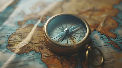 A vintage compass rests on an old map, symbolizing exploration and navigation.