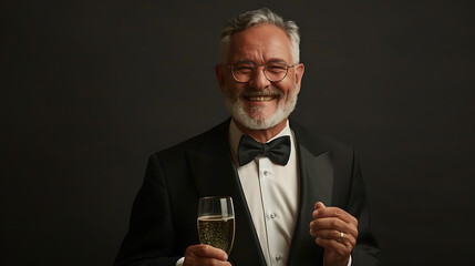 Happy Senior Man in Tuxedo with Champagne