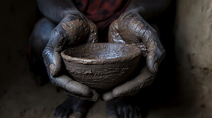 Obraz premium Close-up of hands holding a small, wet, clay bowl.