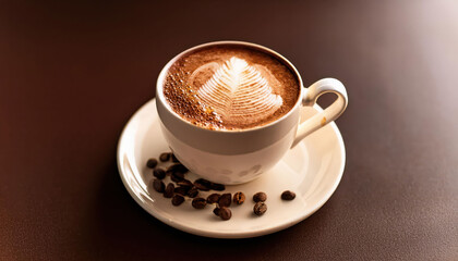 Fototapeta premium Latte art coffee cup with coffee beans on a saucer, mocha mousse color