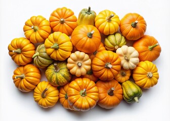 Bird's-eye view of mini pumpkins on a white backdrop, ideal for autumn decorations, harvest-inspired designs, and seasonal crafts to enhance your fall ambiance.