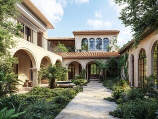 Naklejka premium Mediterranean villa with terracotta roofs, arched windows, and a garden courtyard filled with greenery