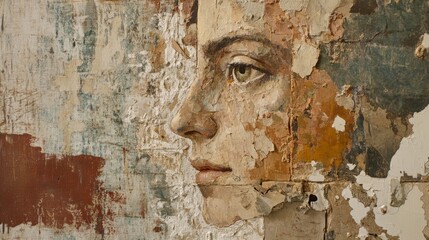 Mixed-media artwork with layers of paint, paper, and texture on canvas, exuding creativity