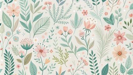 Botanical elements in pastel hues create a whimsical, tranquil atmosphere. This minimalist floral pattern is perfect for home decor and textile designs, evoking serene nature inspiration.