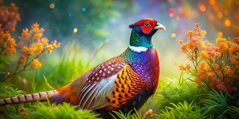 Fototapeta premium Breathtaking double exposure artwork of a pheasant harmoniously merging with nature, featuring vivid feathers, an artistic overlay, and a colorful abstract landscape rich in wildlife aesthetics.