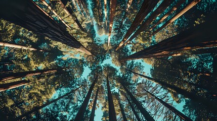 A view of towering trees and a clear sky from the forest floor.