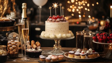 Naklejka premium New Year dessert table with champagne, festive cakes, and sweets
