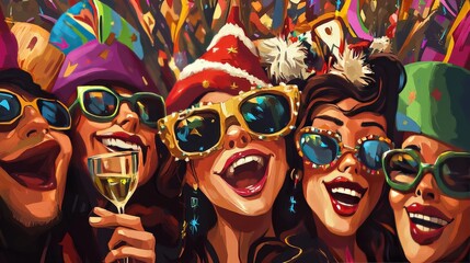 Fototapeta premium New Yearselfie with friends in festive hats and celebratory glasses