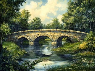Fototapeta premium Old stone bridge with graceful arches spanning a quiet river