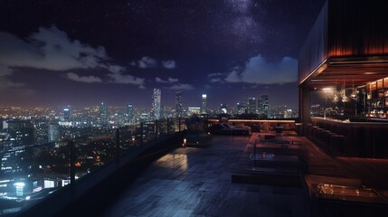 Fototapeta premium Open-air rooftop restaurant overlooking a beautiful nighttime skyline