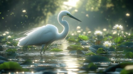 Graceful White Heron Standing Amid Lush Green Lily Pads and Serene Water, Bathed in Soft Morning Light with Dreamy Bokeh Background Effect