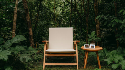 Tranquil Jungle Retreat: A serene beige armchair and small wooden side table with picture frames sit amidst lush tropical foliage, inviting relaxation and contemplation.