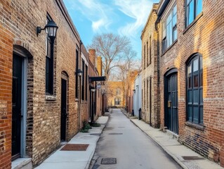 Quiet backstreet in a historic district with quaint brick buildings and vintage lampposts