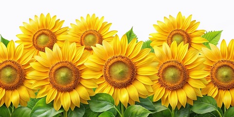 Fototapeta premium Bright PNG sunflower hills border with inflorescence on a white background, ideal for stock photography and enhancing floral design projects seamlessly.