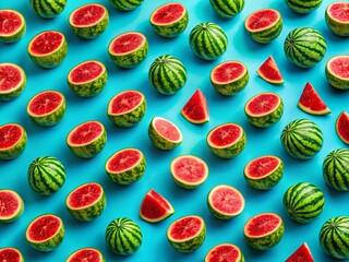 Fototapeta premium Bright watermelon design against a blue backdrop, ideal for summer kitchen decor. Perfect for wallpapers, fabric, and seasonal fruity decorations to enhance your space.