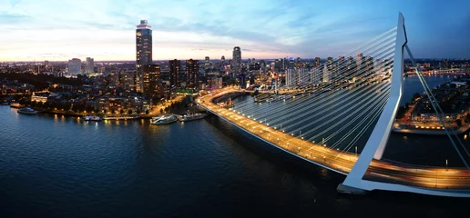 Aerial view of the city of Rotterdam at sunset, The Netherlands