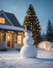Obraz premium A snowman with stands in a snowy yard in front of decorated house, evoking a playful, wintery atmosphere
