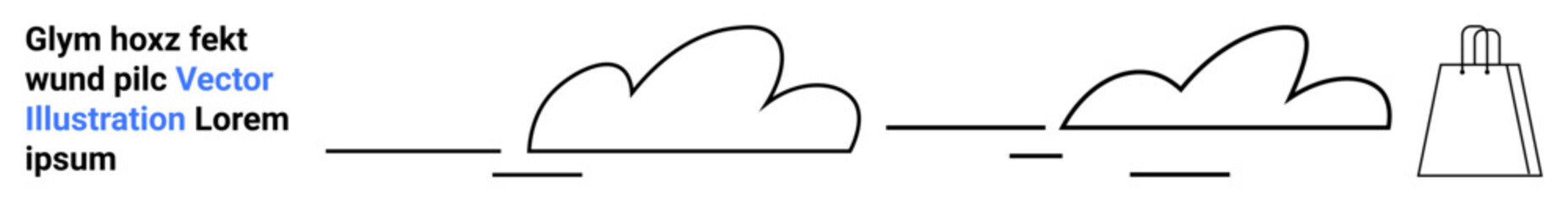 Two simplistic clouds, horizontal lines, and text to the left. Additional element shopping bag. Ideal for presentations, branding, minimalistic design, web graphics, infographics marketing social
