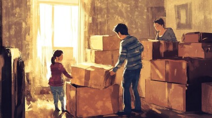 Family packing boxes in sunlit room.