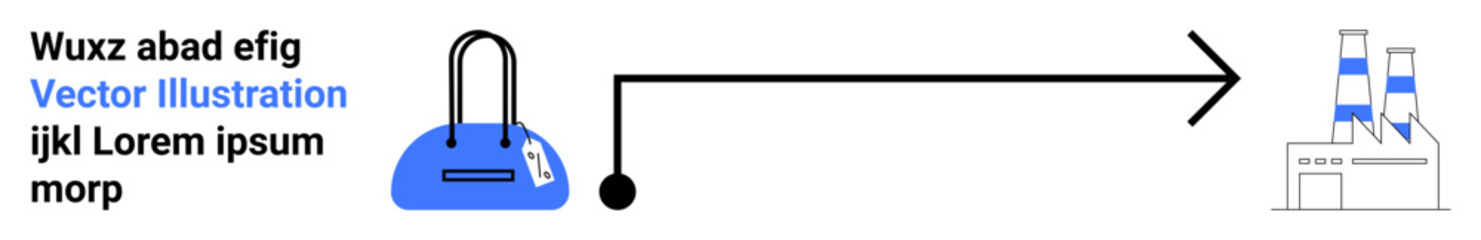 Flowchart with a blue cargo bag and a factory connected by an arrow, illustrating logistics and supply chain pathways. Ideal for logistics, distribution, manufacturing, supply chain, transportation