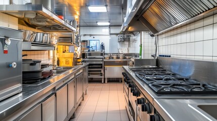 Naklejka premium Modern stainless steel commercial kitchen interior.
