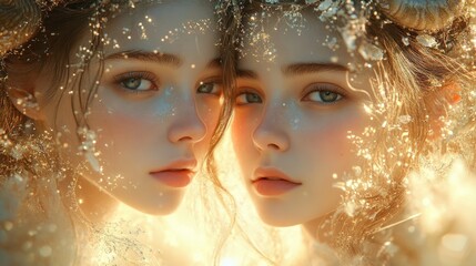 Gemini Zodiac Portrait with Magical Attributes Two Women Fantasy Astrology Art