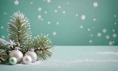  크리스마스와 겨울 분위기 푸른 배경에 눈 덮인 소나무 가지와 흰색 눈송이 장식