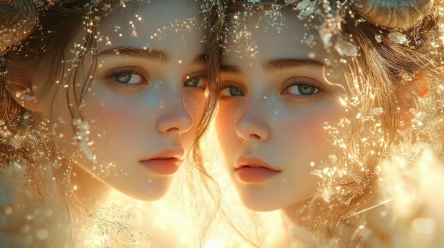 Gemini Zodiac Portrait with Magical Attributes Two Women Fantasy Astrology Art