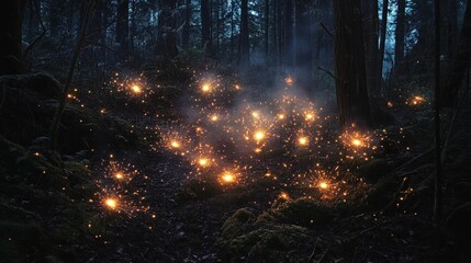 Sparklers lighting up in a dark forest, creating a magical New Year moment