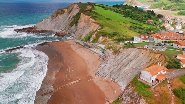 Aerial view of the beautiful Itzurun beach, Zumaia town, Basque country, Spain