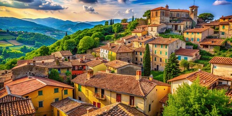 Charming Italian countryside showcasing colorful tiled roofs nestled against gentle hills, highlighting stunning architecture harmoniously intertwined with vibrant natural surroundings. A picturesque 