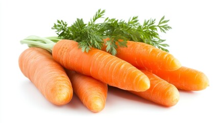 Fresh Organic Carrots with Greens on White Background