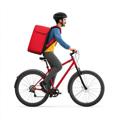Fototapeta premium delivery person riding red bicycle with large red backpack, showcasing modern urban lifestyle. cyclist is focused and ready for action
