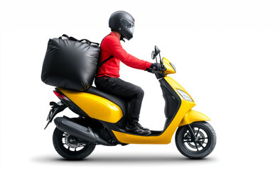 delivery rider on yellow scooter, wearing helmet and red shirt, carries large black bag. image conveys sense of speed and efficiency in urban delivery
