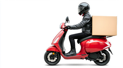 delivery rider on red scooter with large box, showcasing urban logistics and convenience