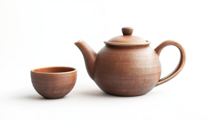 Rustic Brown Clay Teapot and Cup on White Background
