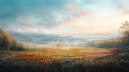 Fototapeta premium Serene Autumn Meadow Landscape at Sunrise