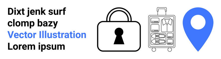 Lock, packed suitcase, and blue location marker suggest travel security themes. Ideal for travel planning, tourism safety, luggage protection, navigation, security apps, journey management vacation