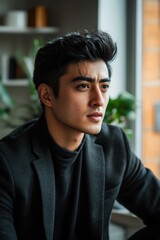 Obraz premium Thoughtful Young Man in Black Blazer Portrait
