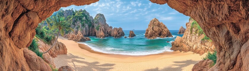 Fototapeta premium Scenic coastal viewpoint of serene beach landscape with rocky formations tropical paradise digital artwork