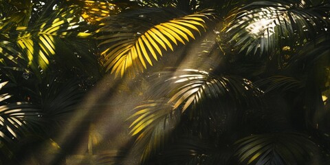Fototapeta premium Sunlight filtering through palm leaves, creating shadow patterns
