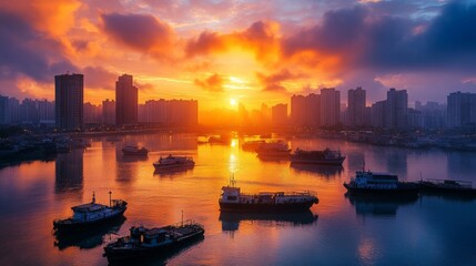 Naklejka premium Sunrise over a bustling city harbor with boats and morning lights