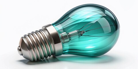 Chic cyan light bulb designed in isometric 3D, showcasing a glass finish and metallic base, emitting a gentle glow against a white background ideal for modern home decor and fashion shoots.