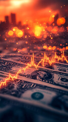 Financial growth with dollar bills and rising graph in sunset glow