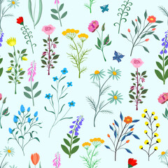 Delicate vector seamless pattern with wild and meadow flowers: carnations, irises, roses, daisies, foxgloves, tansy, as well as graceful butterflies. Ideal for fabrics and gift wrapping.