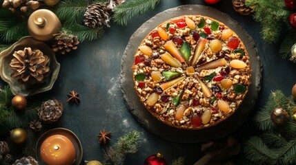 Traditional holiday fruitcake with nuts and candied fruit slices