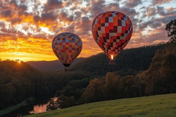 Fototapeta premium Sunset Hot Air Balloons Over Scenic Landscape by Generative Ai