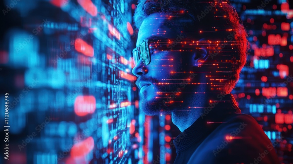 Poster cyber security analysis by ai specialist in futuristic digital landscape with data streams